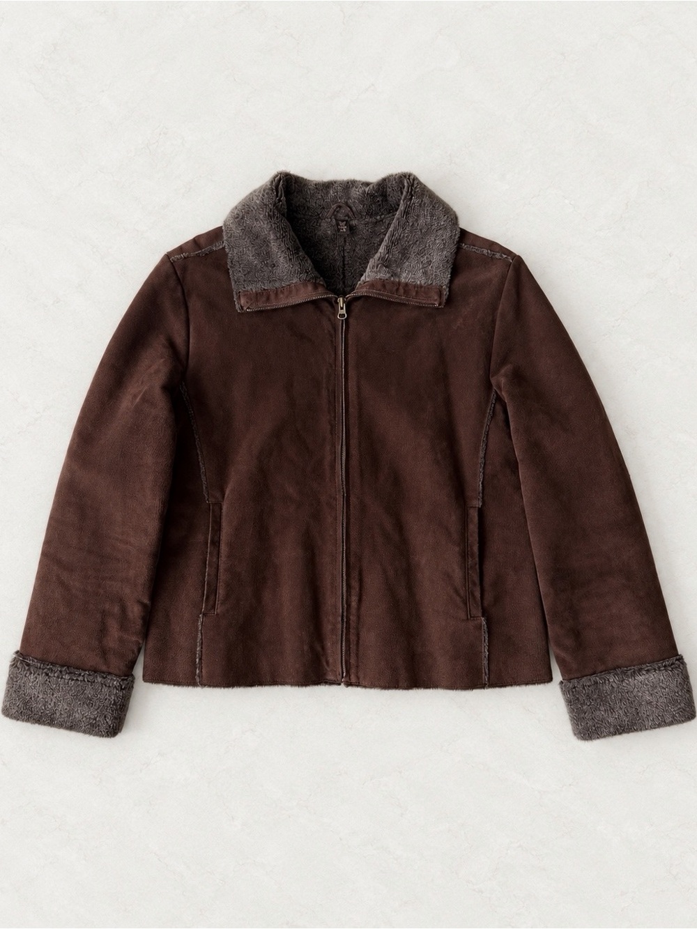 VTG 90s Y2K Woman Brown Suede Leather Shearling Lining Zip-Up Jacket LARGE